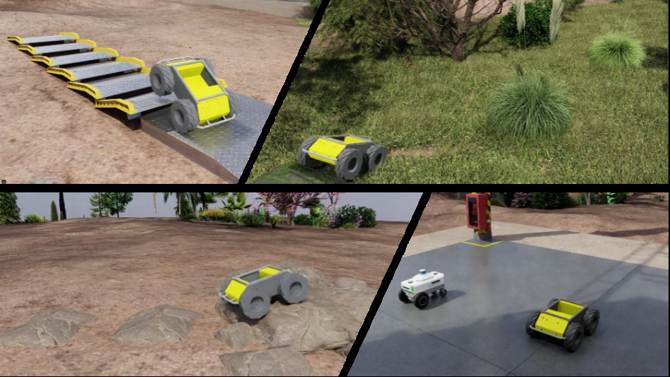 Autonomous ground robots crossing ramps, rough rocky terrain, and grass in an Isaac Sim test range