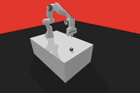 A Franka Panda arm picking up a green cube and placing it at a goal location